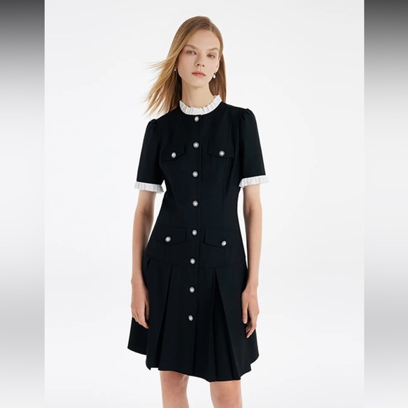 Goelia Ruffle Trim Pearl Buttons Women Mini Dress - sz X-Small (worn once)! - Picture 1 of 10